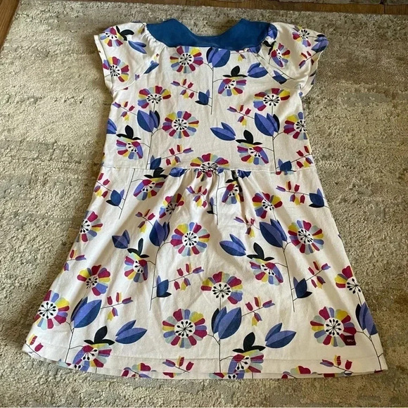 Tea Collection Floral Dress V Neck Short Sleeve 100% Cotton Cream Blue: 7 - Picture 6 of 8